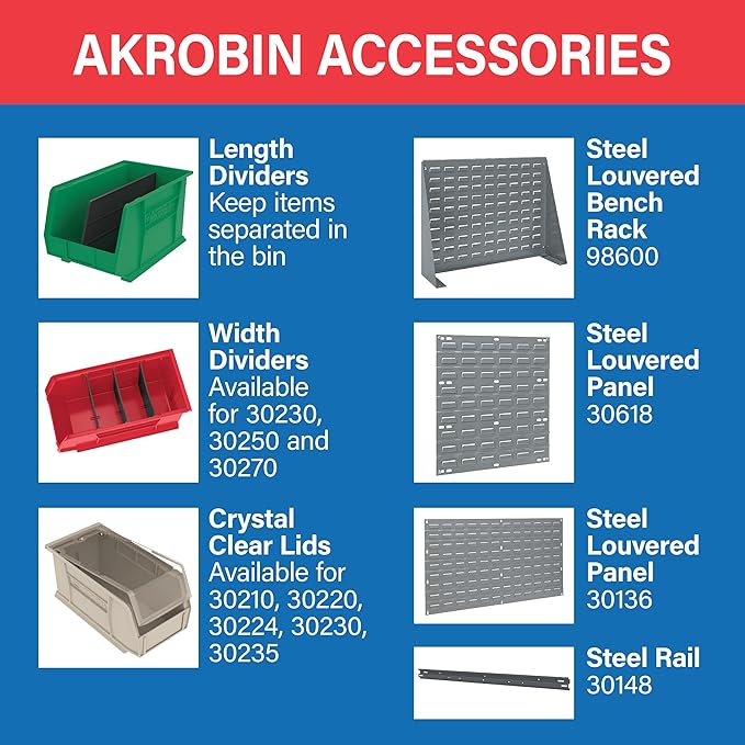Akro-Mils 30210 AkroBins Plastic Storage Bins, Space-Saving Stackable Bins for Garage, Pantry, Craft Organization, 5" x 4" x 3", Red, 6-Pack