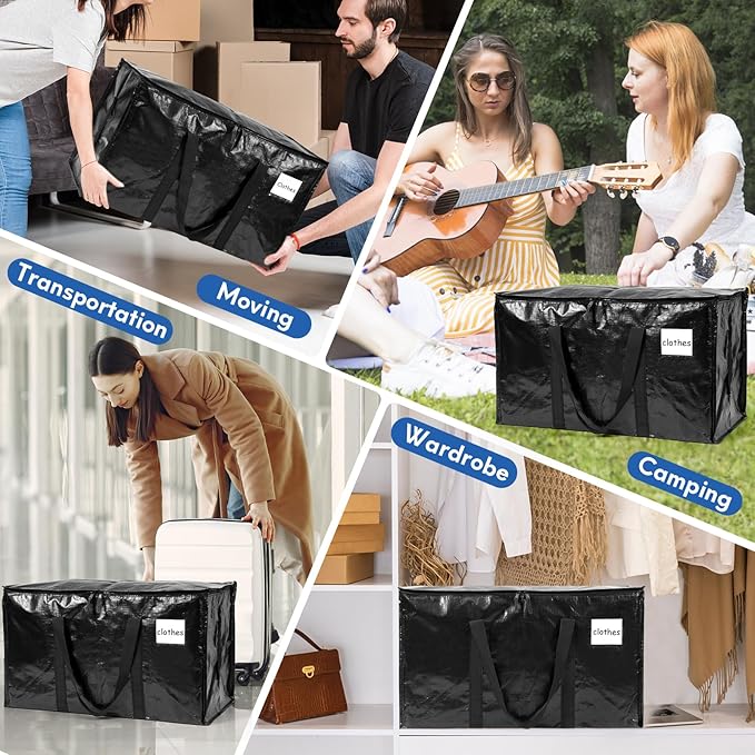 2-Pack Extra-Large Heavy-Duty Storage Totes with Reinforced Handles, Durable Zippers & Waterproof Material — Perfect for Space-Saving, Moving, Shipping and Travel (Black)