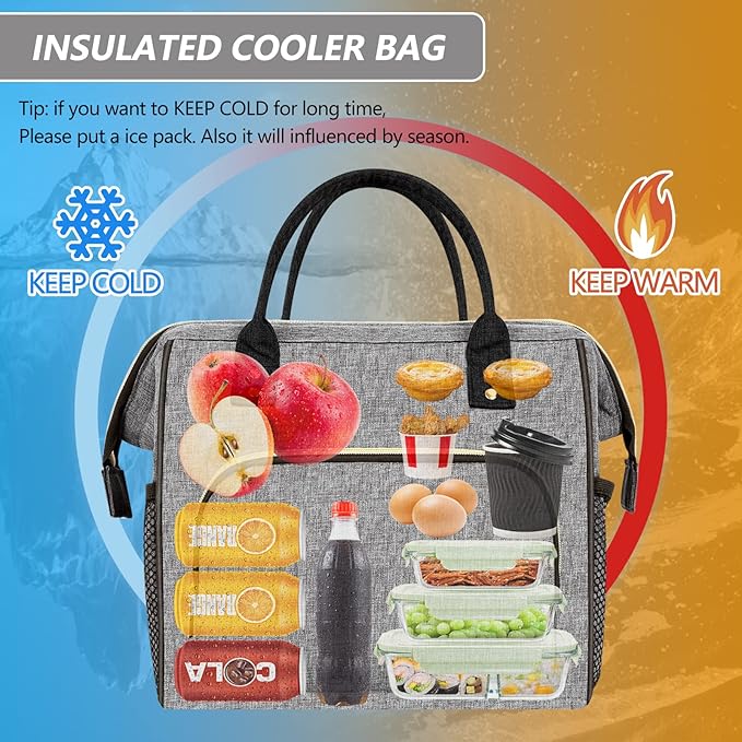 IDEATECH Large Insulated Lunch Bags for Work, Leakproof Lunch Box for Women & Men, Lunch Tote Cooler Bags with Adjustable Shoulder Strap for Teacher, Nurse, Mom, Womens Lunchbox Gifts (Grey)