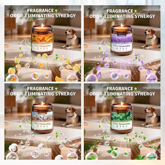 4 Pack Odor Eliminating Candles Set - Eliminates 95% of Pet, Smoke, Food & Other Smells - Hand Poured Non-Toxic Soy Candle, Air Freshing Scent of Lavender/Orange/Mint/Cotton - Gifts Set for Women