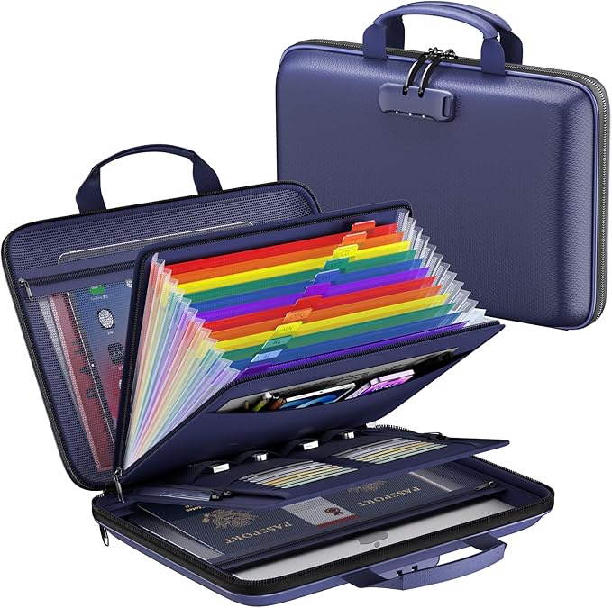 Fireproof File Organizer,Fireproof Document Box with Lock,Large 13 Pocket Expanding File Folder,Hard-Shell Portable Safe Storage for Letter/Legal Document,Laptop,Valuables-Bule