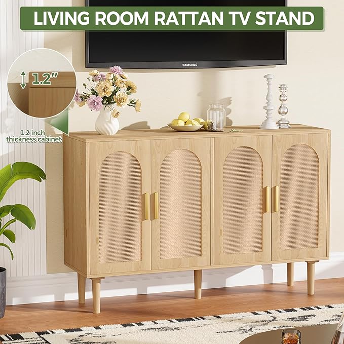 47.2" Rattan Sideboard Buffet Credenza Cabinet, Farmhouse Kitchen Coffee Bar Cabinet with Storage, Boho Accent Buffet Console Table for Entryway Living Room, Dining Room, Natural