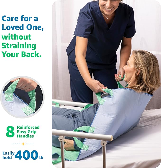 Improvia Positioning Bed Pad, with 8 Reinforced Handles, Quick-Drying, Washable, Waterproof, for Lifting, Turning, Transfering, Elderly and Incontinence Patients (Green, Pack of 2)