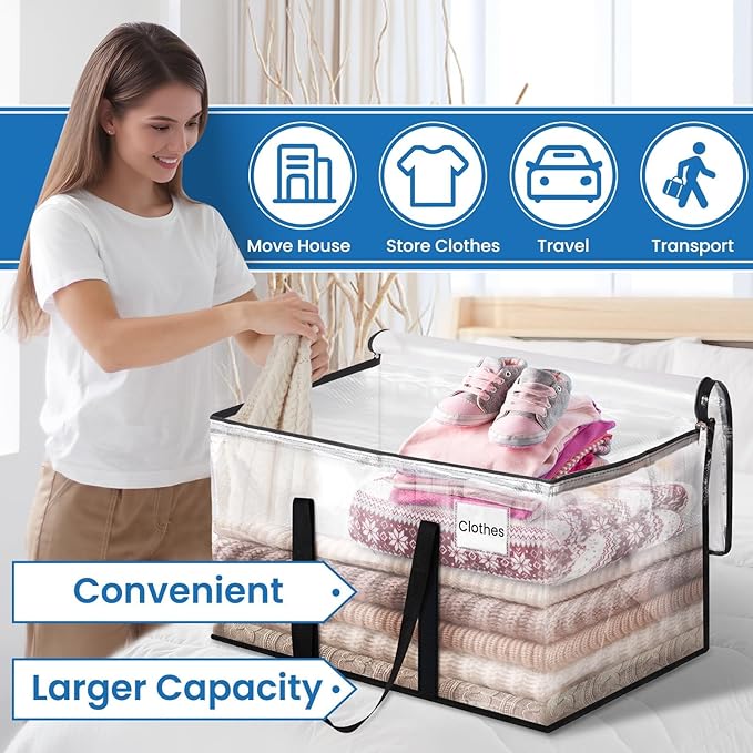 RoomHacks Heavy Duty Clear Moving Bags with Reinforced Handle and Double Zipper, Storage Totes, Packing Bags Alternative to Moving Essential and Supplies Box, Clear, Large, 6 Packs