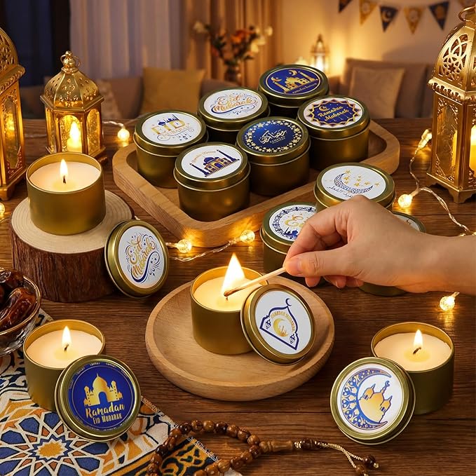 Nuanchu 24 Pack Eid Mubarak Scented Candles Gift 2 oz Blue Gold Star and Moon Design Ramadan Aromatherapy Soy Wax Jars Lasting Bulk Favors for Home Islamic Holiday Party Decor