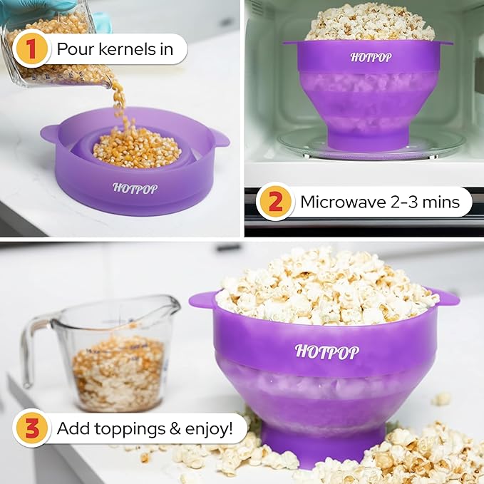 The Original Hotpop Microwave Popcorn Popper, Silicone Popcorn Maker, Collapsible Bowl BPA-Free and Dishwasher Safe- 20 Colors Available (Transparent Purple)