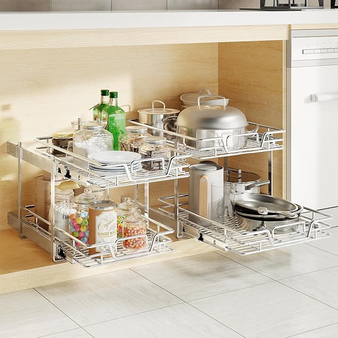 2-Tier Kitchen Cabinet Pull Out Shelf and Drawer Organizer Slide Out Pantry Storaqe Basket in Multiple Sizes (21" W x 21" D,)