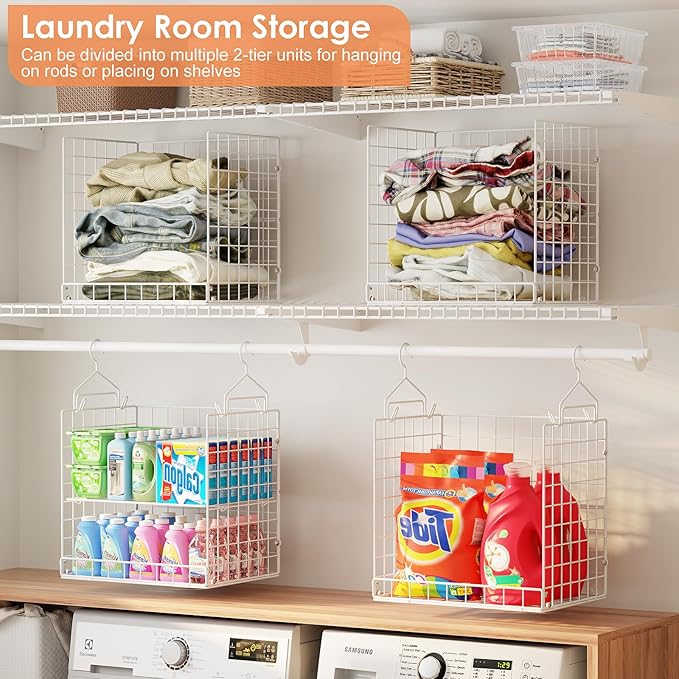 8 Tier Extended Width Hanging Closet Organizer, Sweater Storage for Closet Organizer System, Stackable Wire Basket Bins for Clothes Purse Shoes, Hanging Shelves with 4 Hooks & 4 Dividers Adjustable