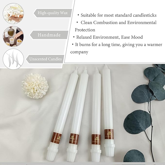 White Taper Candlesticks - Unscented Dinner Candles, 10 Inch Long, 4 PCS Smokeless, Perfect for Christmas & Home Decor