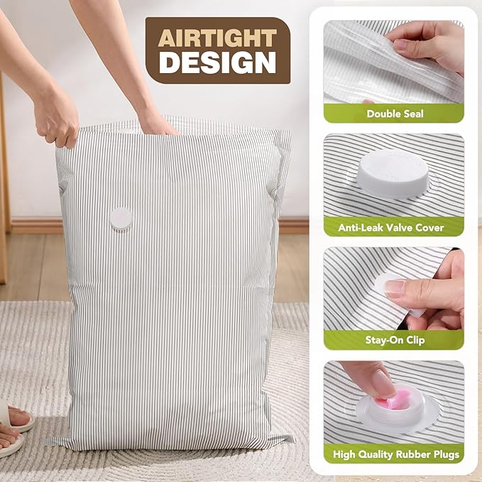 6 Pack Cloth Vacuum Storage Bags, Vacuum Seal Bags for Clothing with Hand Pump, 2 Large+4 Medium, 80% Space Saver Bags for Luggage, Comforters,Blankets, Home Travel Essentials(Stripe)