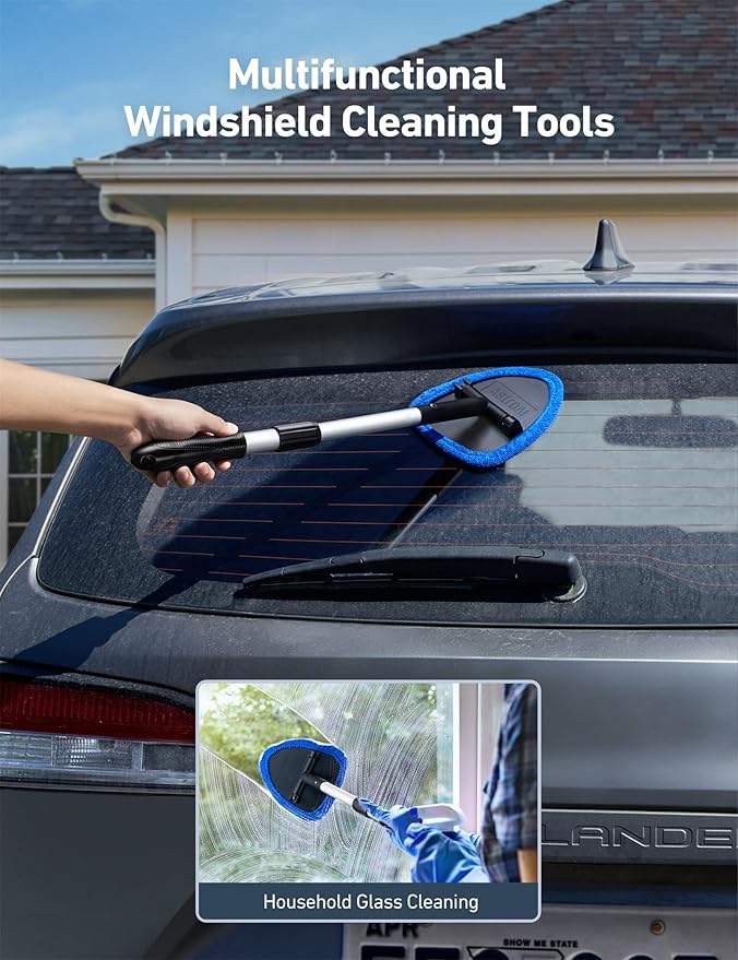 AstroAI Windshield Cleaner Tool, Car Interior Window Detailing Cleaning Kit with Extendable Handle and 4 Easy-to-Install Reusable Microfiber Pads, Auto Glass Wiper Brush Kit for Car&Home, Blue, 21in