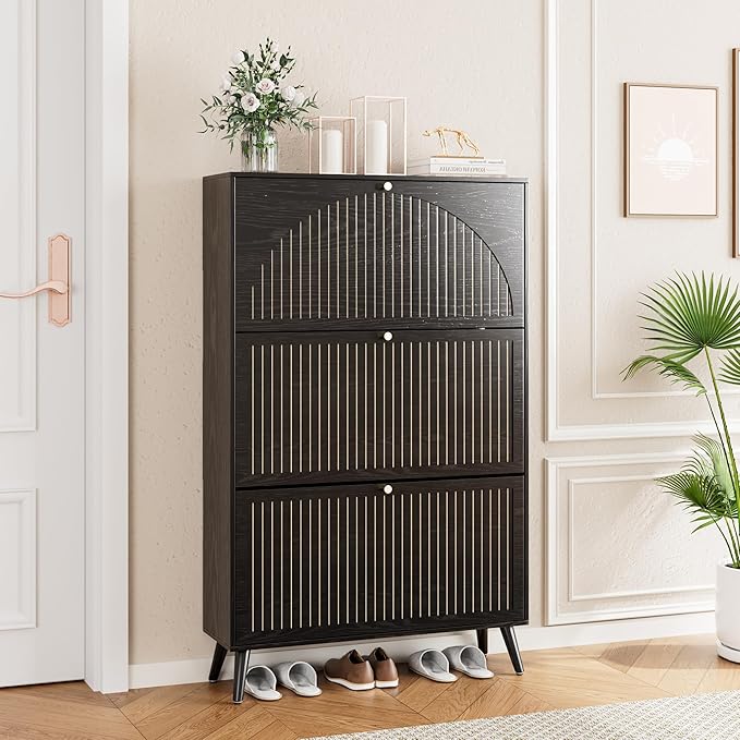 Fsbecl Shoe Storage Cabinet for Entryway with 3 Flip Drawers, Narrow Shoe Organizer with Fluted Panel, Freestanding Wood Hidden Shoe Cabinet for Hallway(Black, 31.4''W, Double Layer)