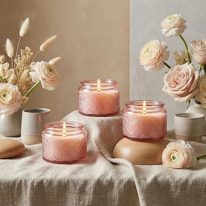 18-Pack 4oz Embossed Glass Candle Container with Bamboo Lids and Labels, Pink Candle Jars for Making Candles, Mandala Design