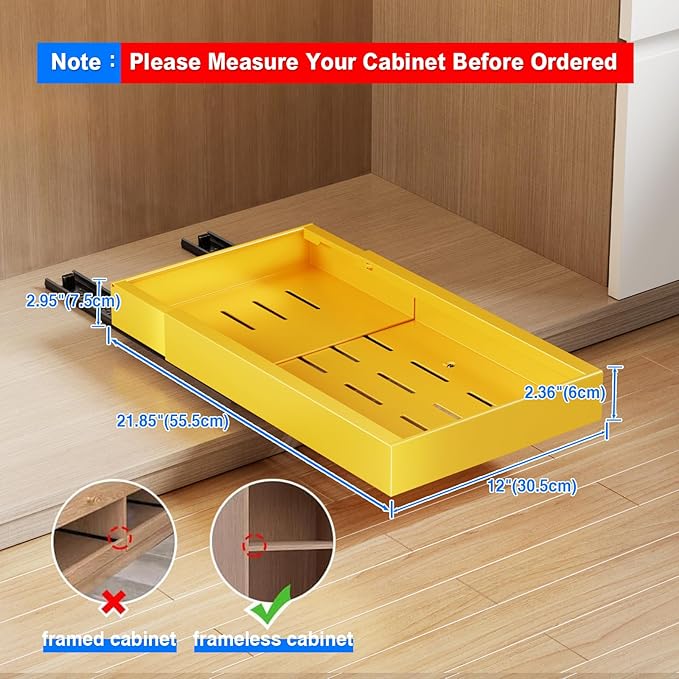 Mustorn 2 Pack Pull Out Cabinet Organizer,21.8" Deep Slide Out Drawer for Cabinets Adhesive Pull Out Drawers Heavy Duty Pull Out Shelves for Kitchen,Cupboard,Pantry,Bathroom-Yellow