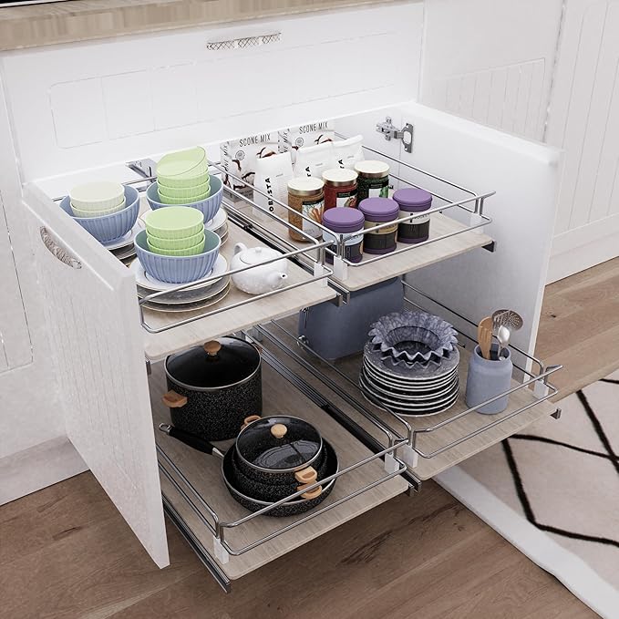 Pull Out Cabinet Organizer 18" W X 22" D, Slide Out Drawers For Kitchen Organizers and Storage, Pull Out Drawers For Cabinets Capacity Heavy Duty Caddy, Cabinet Shelves Wood Chrome, Pantry Storage