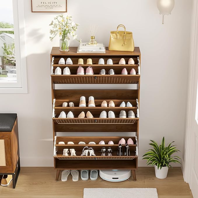 Fsbecl Shoe Storage Cabinet for Entryway with 3 Flip Drawers, Narrow Shoe Organizer with Fluted Panel, Freestanding Wood Hidden Shoe Cabinet for Hallway(Walnut, 31.4''W, Double Layer)