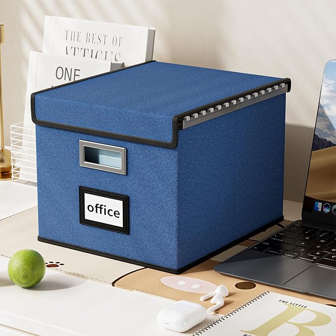 Huolewa File Organizer Box with Lid, Collapsible File Folder Organizer for Office Document Storage, Filing Box with Plastic Slide for Letter Size Hanging File Folders(1 Pack, Royal Blue)