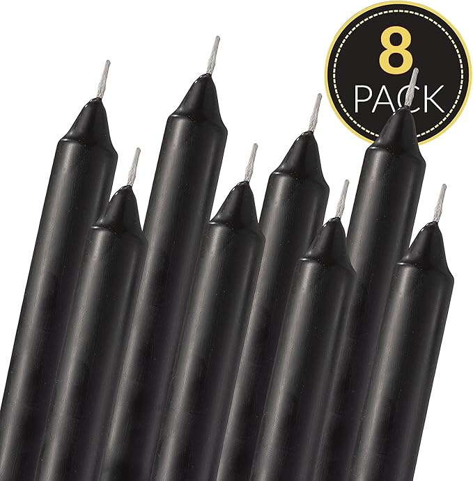 Straight Black Candlesticks - Pack of 8 6" Coated Black Candles - 5 Hour Long Burning Unscented Candles for Halloween, Chime, Wedding, and Home Decoration