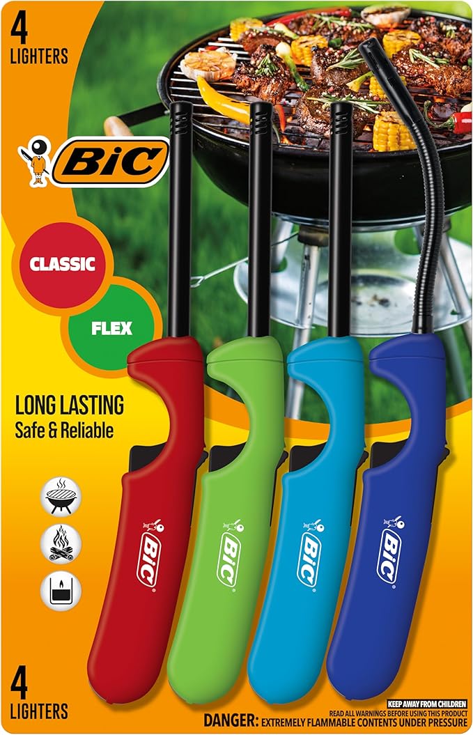 BIC Multi-Purpose Classic Edition Lighter & Flex Wand Stick Lighter, Ideal Fireplace and Candle Lighters, Assorted Colors, 4 Pack (Colors May Vary)