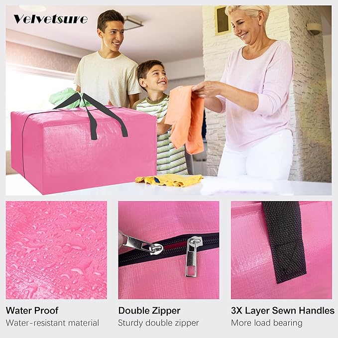 VELVETSURE 6 Pack Heavy Duty Large Moving Bags W/Backpack Straps - Strong Handles & Zippers, Storage Totes For Space Saving, Fold Flat, Alternative to Moving Box and Storage Bin, Pink