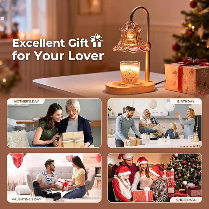 Candle Warmer Lamp with Timer Dimmable, Wax Melt Warmer Adjustable Height, Flower Warmer Lamp with 2 Bulbs for Jar Candles, House Warming New Home Decor, Gift for Mom Women (Amber)