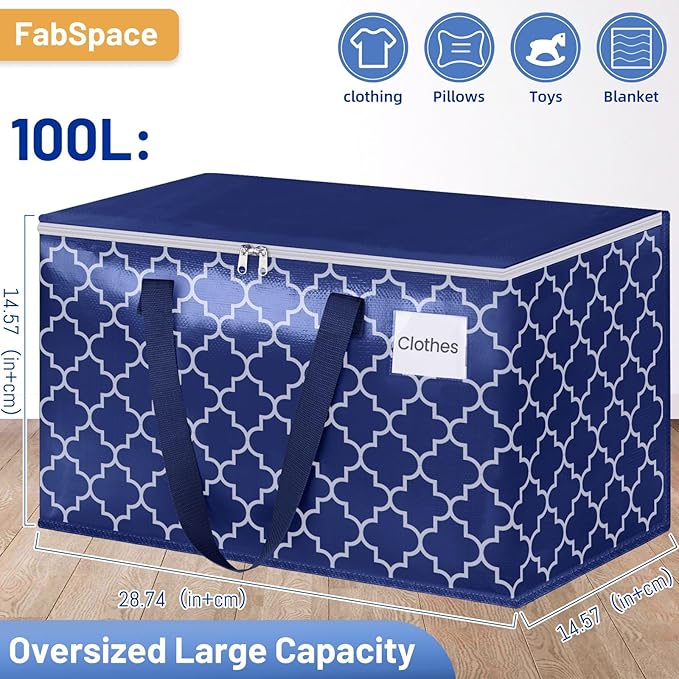 Fabspace Moving Bags, Extra Large Moving Supplies, Heavy Duty Storage Bags, Packing Bags with Reinforced Zippers & Handles, Collapsible Packing Boxes, Storage Totes for Moving, Packing, 100L, 4 Packs