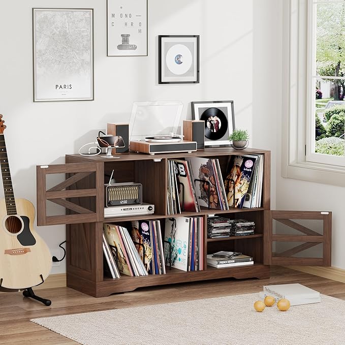 Large Record Player Stand with Vinyl Storage, 500+ Vinyl Record Storage Cabinet, 47 Inch Record Player Table with Power Outlet, Farmhouse Wooden Turntable Stand for Living Room, Walnut