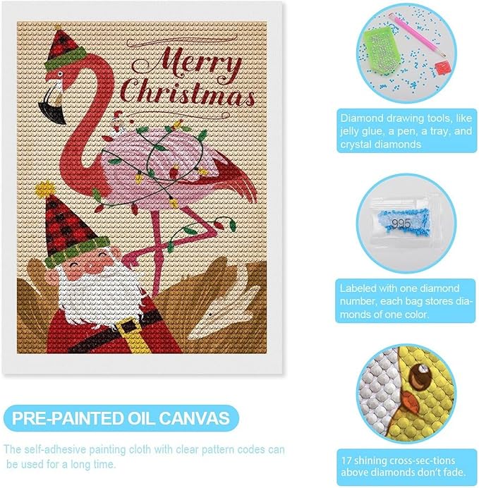 AIVKIEJK Diamond Painting Kits for Adults - Festive Flamingo Christmas Santa Hat Painting DIY 5D Full Drill Diamond Dots Paintings with Diamonds Gem Art and Crafts Home Decor 12"x16"