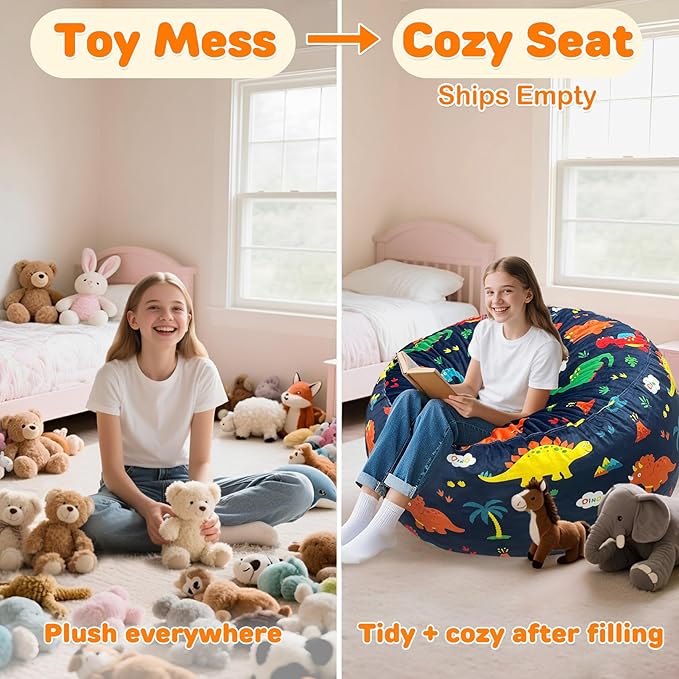 Lukeight Dinosaur Stuffed Animals Storage Bean Bag Chair Cover Only (Ships Empty, No Filling) - Velvet YKK Zipper Beanbag Cover for Teens Adults, Washable Plush Toy Organizer, XXX-Large 42" D x 23" H
