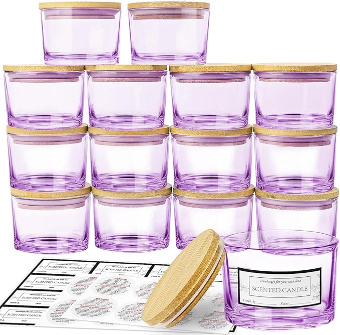 CONNOO 15 Pack 4 OZ Purple Glass Candle Jars with Airtight Bamboo Lids for Making Candles, Bulk Small Wide Mouth Empty Candle Containers with Sticky Warning Labels - Dishwasher Safe, Lavender