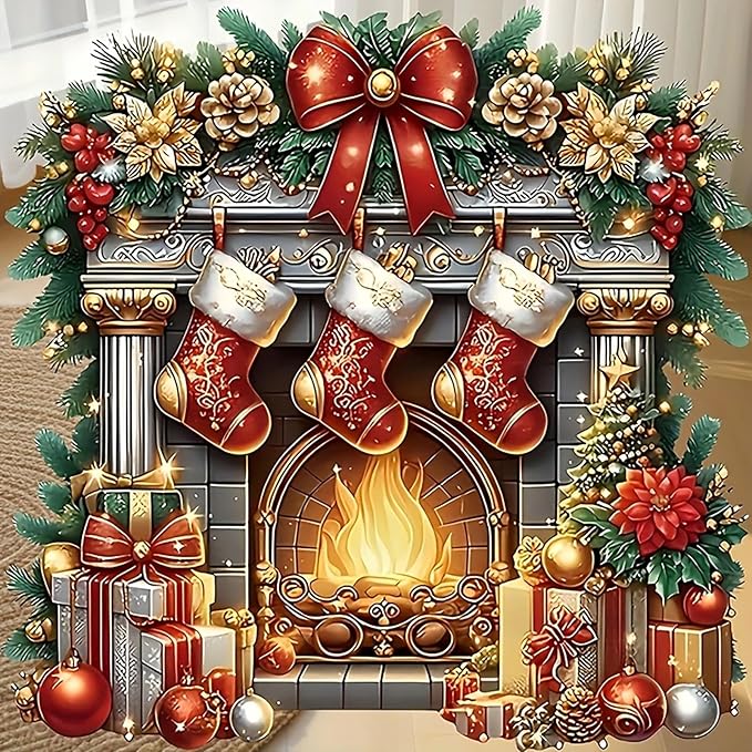 APTDYIGL 5D Christmas Diamond Painting Kits for Adults Beginner,DIY Christmas Fireplace Diamond Art Kits for Adults,Round Full Drill Diamond Dots with Gem Art Kits,Home Wall Decor 13.7X13.7inch