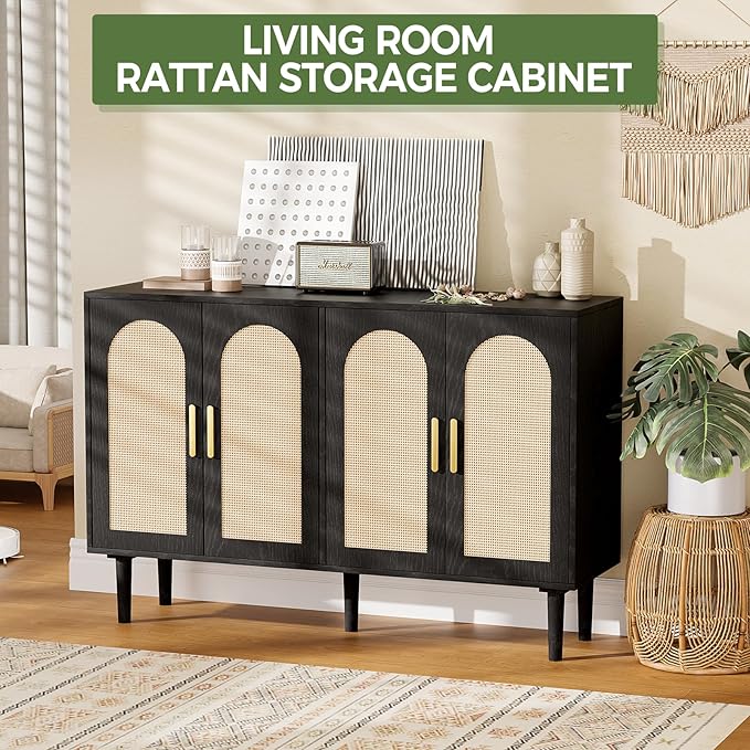 47.2" Rattan Sideboard Buffet Credenza Cabinet, Farmhouse Kitchen Coffee Bar Cabinet with Storage, Boho Accent Buffet Console Table for Entryway Living Room, Dining Room