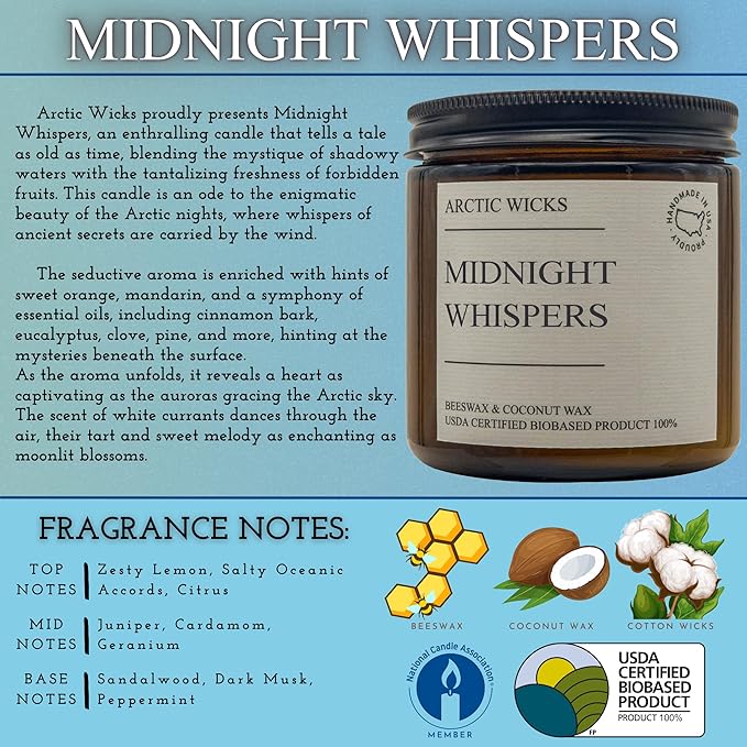 Arctic Wicks Handcrafted Candles | Non Toxic Coconut Beeswax Candles 16oz Double Wick | 100% USDA Certified Biobased, Handmade, Premium Waxes, Non-Toxic (Midnight Whispers, 16oz Amber Jar)