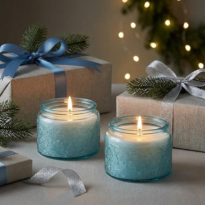 18-Pack 4oz Embossed Glass Candle Container with Bamboo Lids and Labels, Blue Candle Jars for Making Candles, Mandala Design