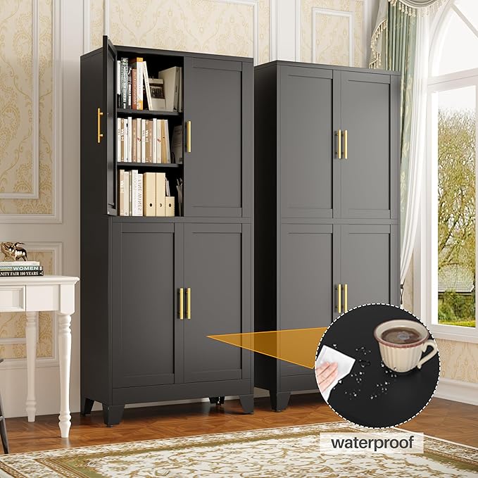 75" H Tall Kitchen Pantry Cabinet, Pantry Storage with Doors and 3 Adjustable Shelves, Metal Storage, Cupboard for Kitchen, Black