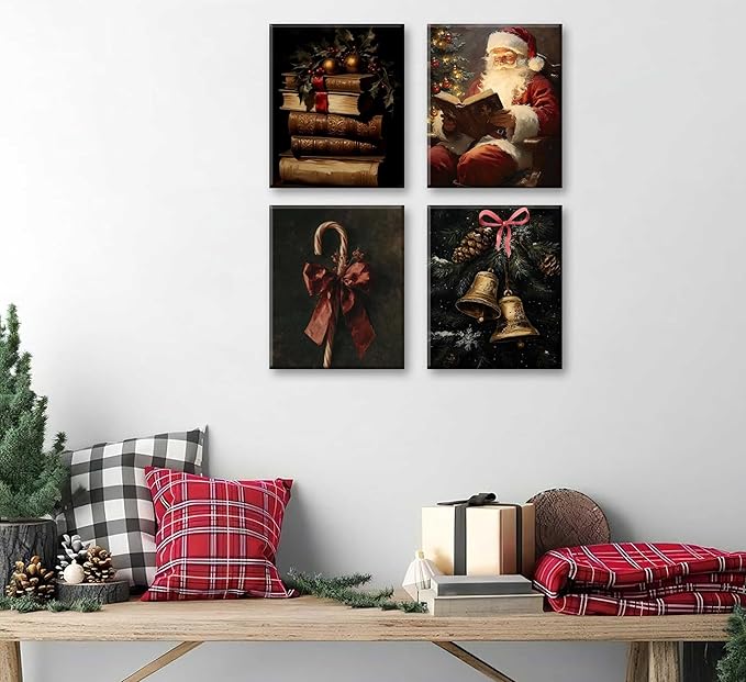 Paint by Number Kit for Adults & Kids, 4 Pack Vintage Christmas Scenes (Candy Cane, Santa Reading, Book Stack, Golden Bells) 12x16Inch Unframed, DIY Acrylic Painting Kit with Brushes & Paints