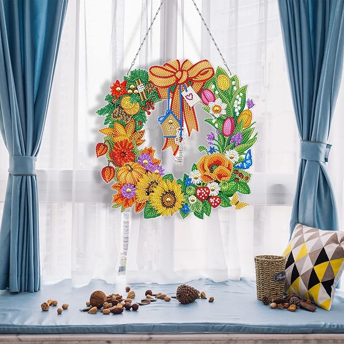 5D Diamond Dots Fall Wreath with LED Light String DIY Pumpkin Sunflower Diamond Art Painting Thanksgiving Wreaths Hanging Pendant Special Shaped Beads by Number Kits Farmhouse Wall Front Door Decor
