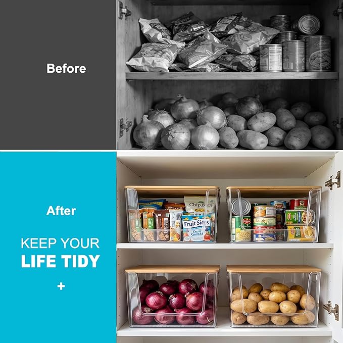 Pantry Organizers Storage, 2 Pack Large Capacity Clear Storage Bins with Bamboo Lids for Onion, Potato, Garlic, Canned Food, Under Sink Organizer Kitchen Countertop Organizer