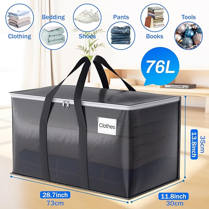 ElegantArray 4 Pack Moving Bags Heavy Duty, Moving Boxes, Storage Bags with Zipper & Handles & Tag for College & Dorm Moving Supplies Grey Laundry Hamper Bag, Foldable Space-saving Totes (76L, Grey)