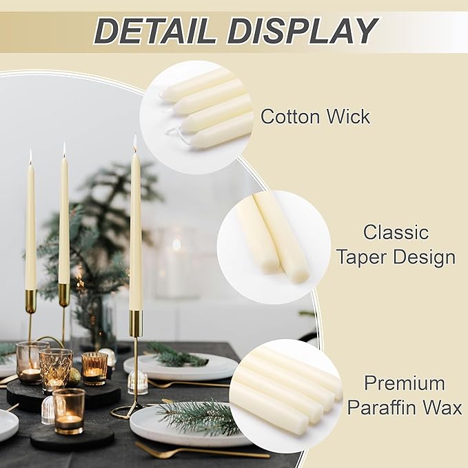 Ivory Taper Candles 10-Inch - Ivory Candlesticks Dripless Long Cream Tapered Candle Tall Unscented Smokeless Slow Burning Paraffin Wax Candle Sticks for Wedding Dinner Home Decor 4 Pack