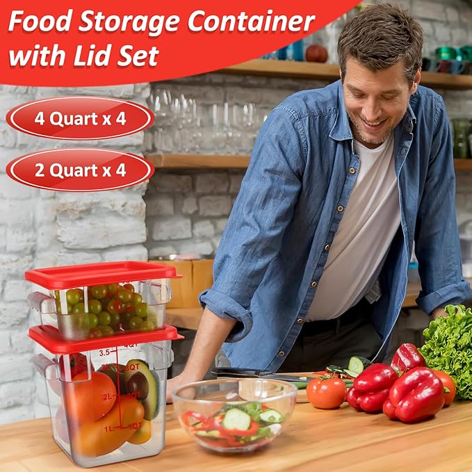 Yungyan 16 Pcs Restaurant Food Storage Containers with Lids Set 2Qt and 4Qt Commercial Restaurant Square Storage Containers Clear Food Cereal Container for Kitchen Freezer (Red Lids)