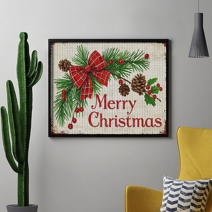 AIVKIEJK Diamond Painting Kits for Adults - Merry Christmas Holly, Pine Cones & Red Plaid Bow Painting DIY 5D Full Drill Diamond Dots Paintings with Diamonds Gem Art and Crafts Home Decor 16"x20"