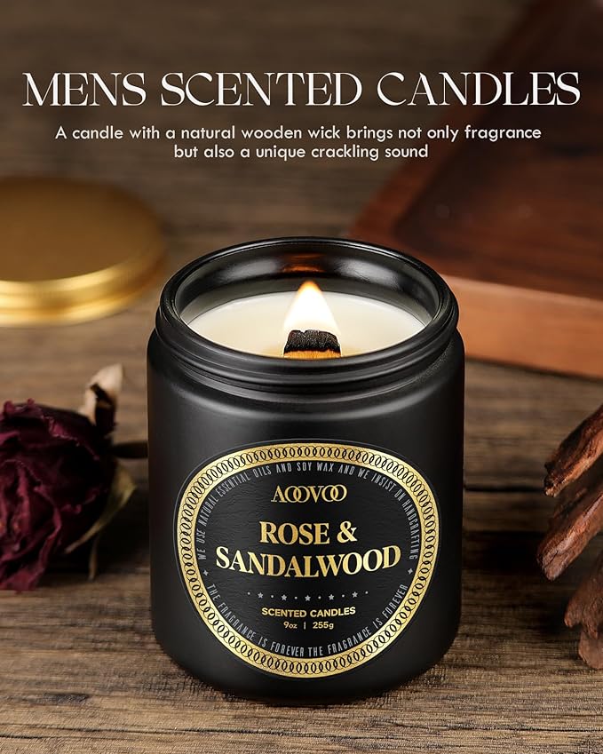 AOOVOO Scented Candles for Men - 4 Pack Candles for Home Scented, 36oz Soy Wax, 200 Hour Burn Time, Men Candle Set, Rose Sandalwood/Whiskey Caramel/Lavender/Leather Candle Set T