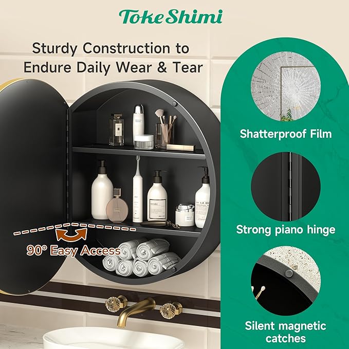 TokeShimi 20 Inch Round Gold Framed Medicine Cabinet for Bathroom with Vanity Mirror Small Metal Bathroom Mirrored Cabinet for Wall Mounted Only Circle Farmhouse Medicine Cabinet Detachable Shelves