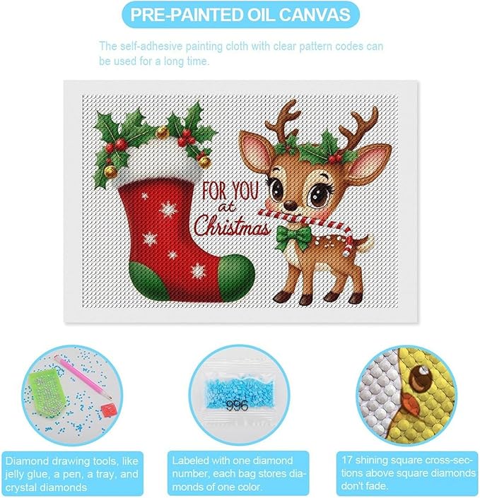 AIVKIEJK Diamond Painting Kits for Adults - Deer Sugar Bell Holiday Christmas Painting DIY 5D Full Drill Diamond Dots Paintings with Diamonds Gem Art and Crafts Home Decor 8"x12"