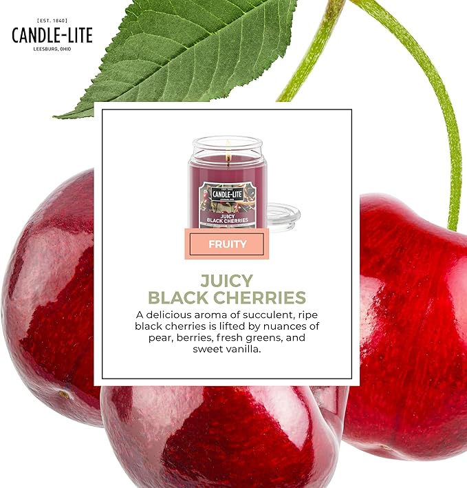 Candle-lite Scented Candles, Juicy Black Cherries, 18 oz Jar, Proudly Poured in The USA, Aromatherapy Candle, Single-Wick with 110 Hours of Burn Time, Perfect for Creating an Inviting Ambiance