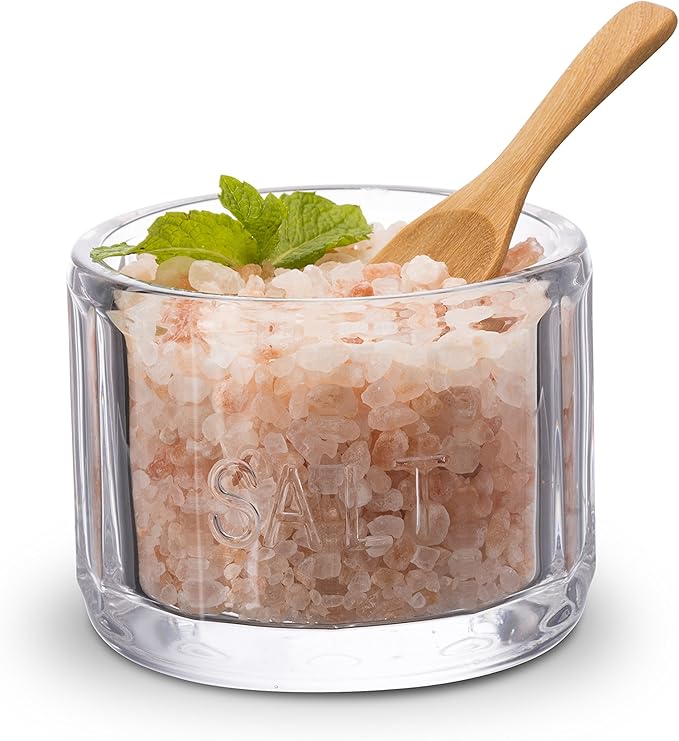 KooK Glass Salt Cellar, with Lid, Embossed Pressed Glass, Clear Storage Container, for Coffee, Sugar, Spices and Candies, Dishwasher Safe, 10 oz (Clear)
