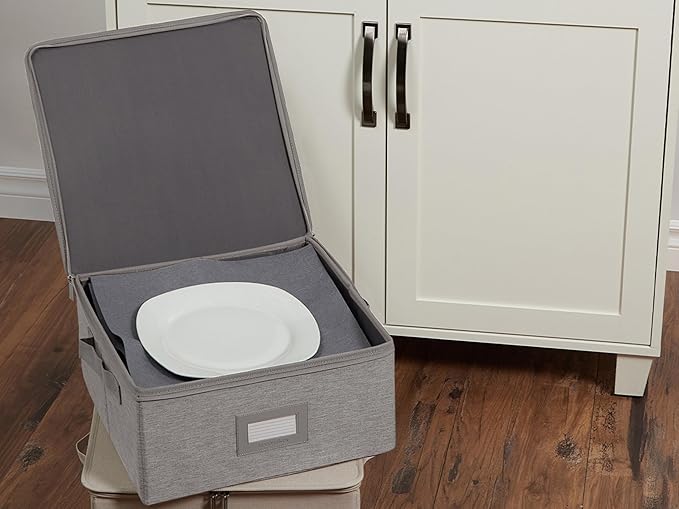 Covermates Dish Storage Box – China & Dinner Plate Storage Container with Dual Zippers, Reinforced Handles, ID Window & Stackable Structured Walls for Dishware Organization, Grey Heather
