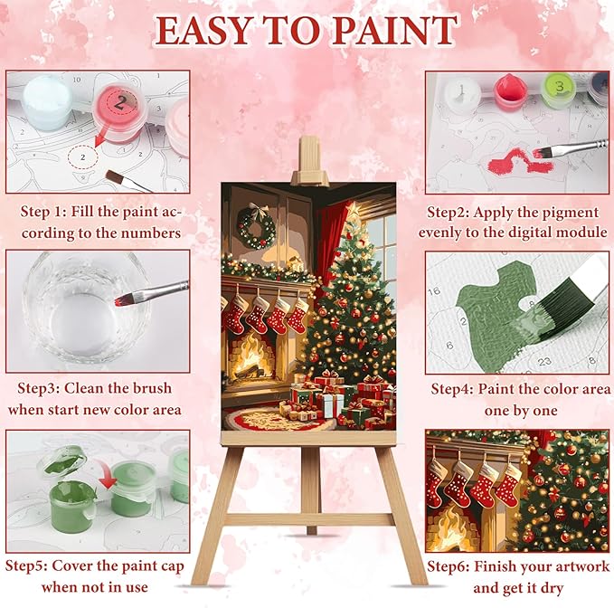 NAIMOER Christmas Tree Fireplace Paint by Numbers Kits for Adults Beginner with Wooden Framed, Color by Numbers on Canvas Painting Kits, Easy Paint DIY Acrylic for Home Wall Decor 8X12 Inch