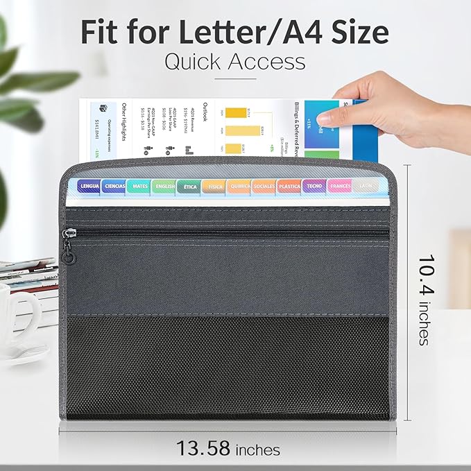 Sooez Accordion File Organizer with Safe Zipper, 12 Pocket Expanding File Folder with Front Pencil Pouch, Portable Monthly Paper Bill Tax Receipt Organizer, School Office Supplies, Letter Size, White